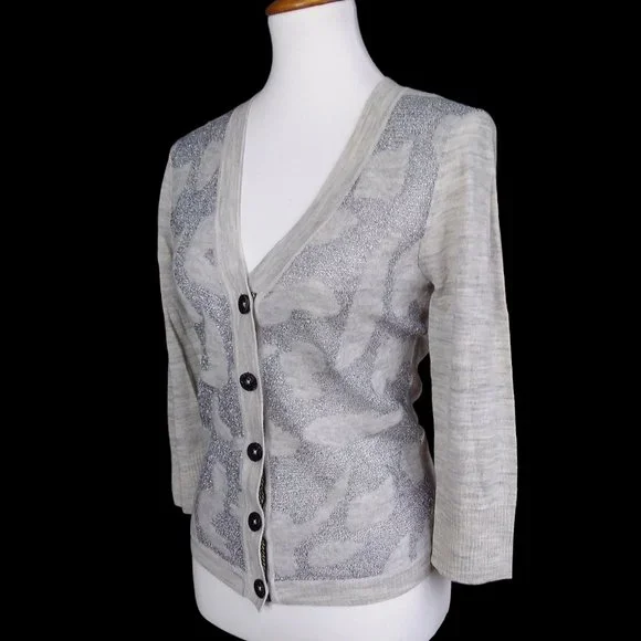 NWT BKE Boutique 93% Wool Cardigan Sweater Size L Gray Silver Metallic Thin Knit - Picture 6 of 9